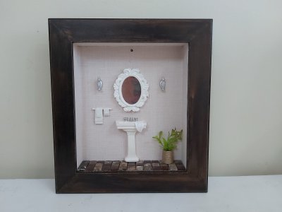 Quadro Cenário Miniatura Banheiro Lavabo Diorama Branco
