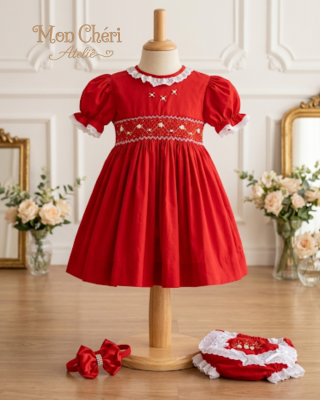 Vestido Infantil  Luxo Vermelho em Tricoline | Smock Bordado à Mão | Kit 3 Peças | Modelo Vitória