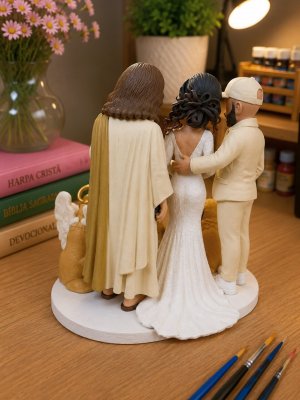 Topo de Bolo Casamento Noivinhos com Jesus e Pets Personalizados
