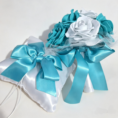 Buquê de Noiva Azul Turquesa + Porta Alianças Casamento Cívil
