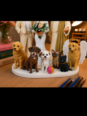 Topo de Bolo Casamento Noivinhos com Jesus e Pets Personalizados