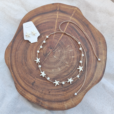 Kit Colar + Brinco de estrelas e pérolas feminino moda praia verã