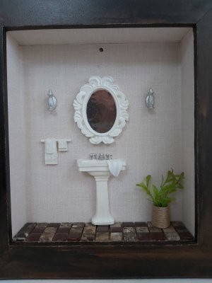 Quadro Cenário Miniatura Banheiro Lavabo Diorama Branco