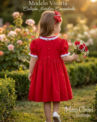 Vestido Infantil  Luxo Vermelho em Tricoline | Smock Bordado à Mã