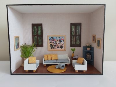 Quadro Cenário Miniatura Sala Móveis Diorama