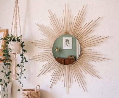 Espelho Redondo Sol Decorativo em Madeira Bambu 70cm